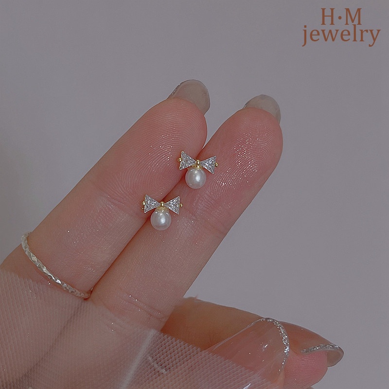 S925 Perak2023Baru Lembut Busur Mutiara Stud Anting-Anting Elegan Bermutu Tinggi Anting-Anting