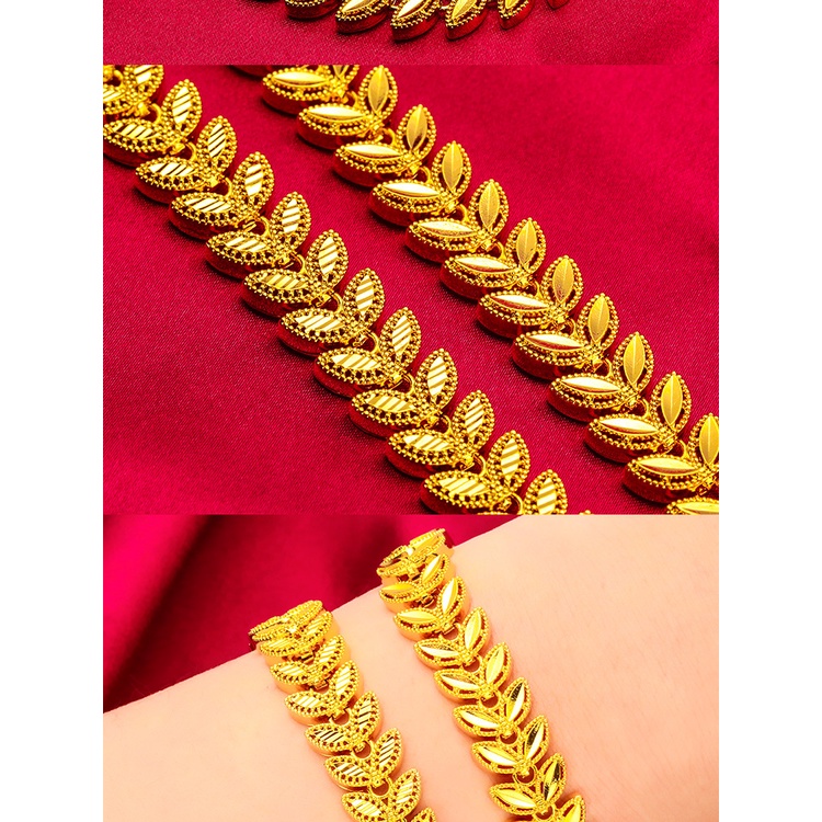 Goldkingdom Perhiasan Fashion 24K Bangkok Aksesoris Ready Stock Wanita 12mm Gelang Gandum Telinga Daun Tepi Lebar Gelang