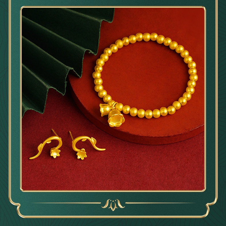 Goldkingdom Perhiasan Fashion 24K Bangkok Aksesoris Ready Stock Lily of The Rings Gelang Earstuds Wanita Dibuat Indah Manis Set