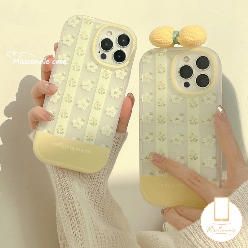 IPHONE 3d Bow-knot Hias Case Kompatibel Untuk Iphone11 14 13 12 Pro Max 7Plus XR 11 Pro Max X7 8 6 6s Plus XS Max SE 2020 INS Fashion Retro Bunga Kuning Telepon Lembut Tpu Cover