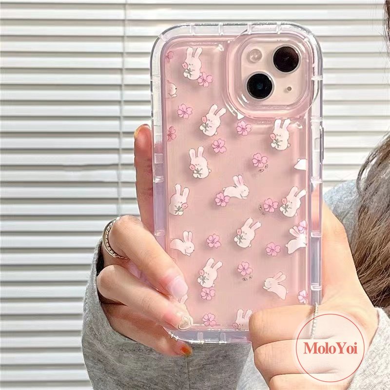 IPHONE Lucu Kartun Kelinci Cover Kompatibel Untuk Iphone11 7Plus 8Plus XR 14 13 12 Pro MAX 6 6S Plus X XS MAX Ins Fresh Flower Airbag Shockproof Transparan Tpu Soft Phone Shell Case