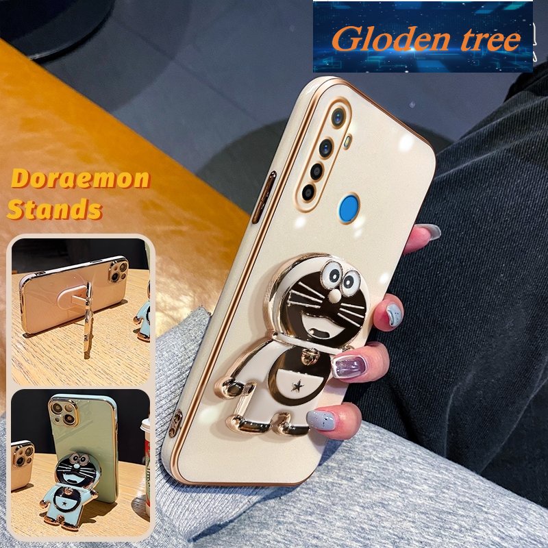 REALME Gloden tree Casing Untuk Realme5 5i 5s 6i 5pro Case Fashion Kartun Doraemon Lipat Stand Phone Case Electroplating Shockproof Phone Holder Case