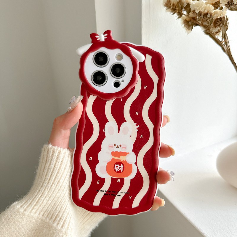 【Lamb Style】Red Wave Bunny Soft TPU Case HP iP iPhone 11 12 13 14 Pro Max 7 8 + Plus SE 2020 X XS XR Max Girl Woman FTD Casing Apple