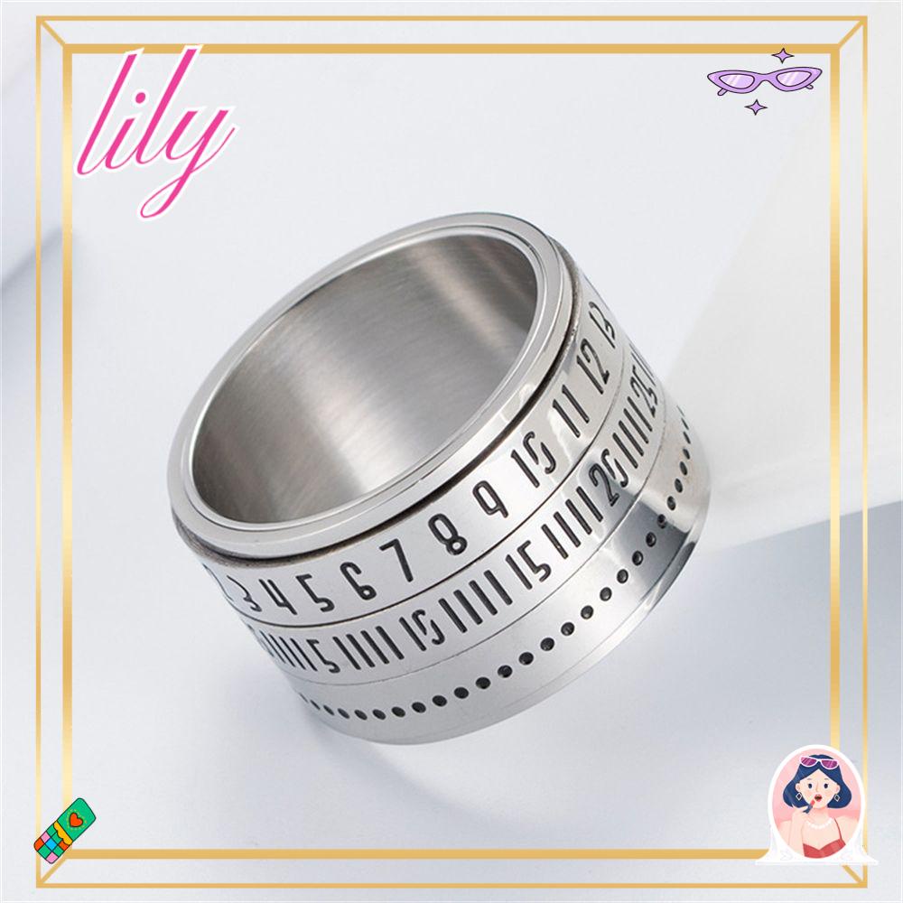 LILY Cincin Titanium Angka Romawi Fashion Pria Biker Spinner Kalender Tanggal Waktu3 Part