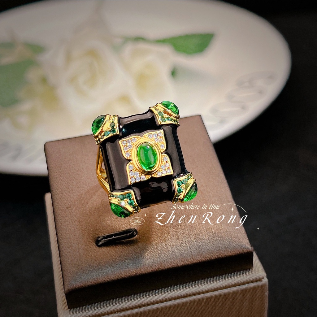 Goldkingdom Fashion Perhiasan Aksesoris Ready Stock Vintage Nenek Zamrud Cincin Berlapis Emas 18k Enamel Glasir Batu Akik Hitam Cincin Wanita