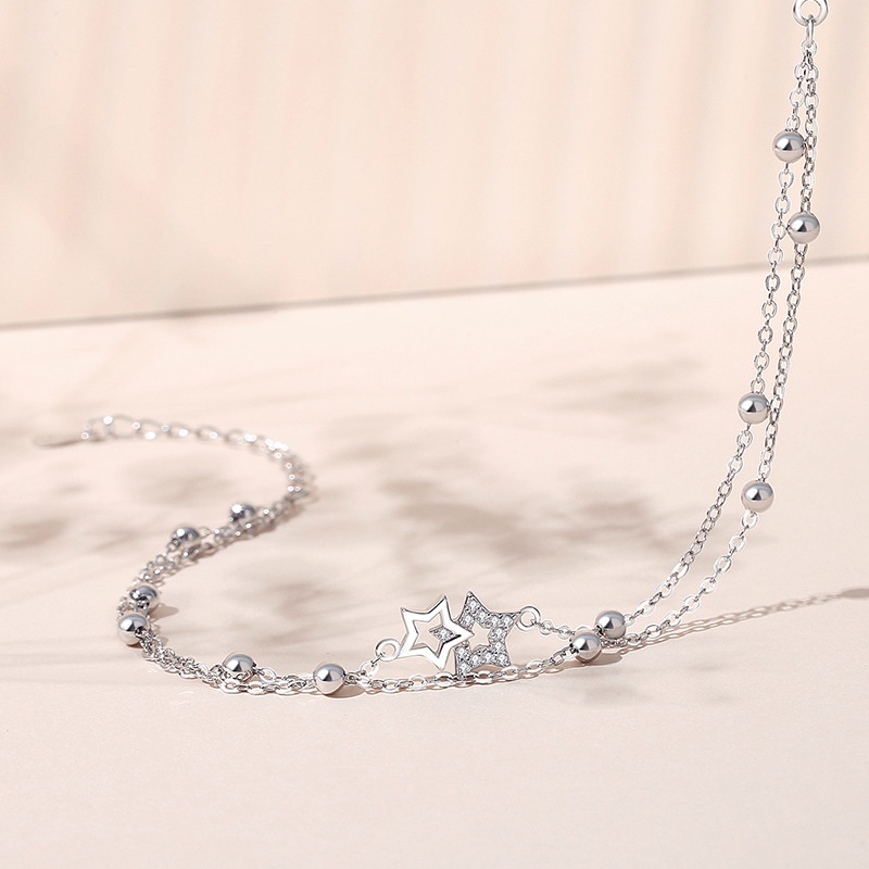 Versi Korea Sterling Silver Gelang Bintang Berujung Lima Platinum Kecil Segar Double-layer Gelang Manik Perak ins Desain All-match Perhiasan Tangan Unik