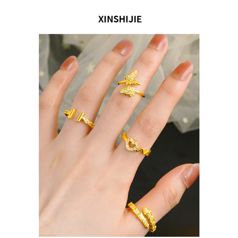 Goldkingdom Aksesoris Perhiasan Fashion Ready Stock Cincin Ringan Mewah Lapis Emas, Mahkota Kupu-Kupu adjustable Berlian setting Untuk Wanita