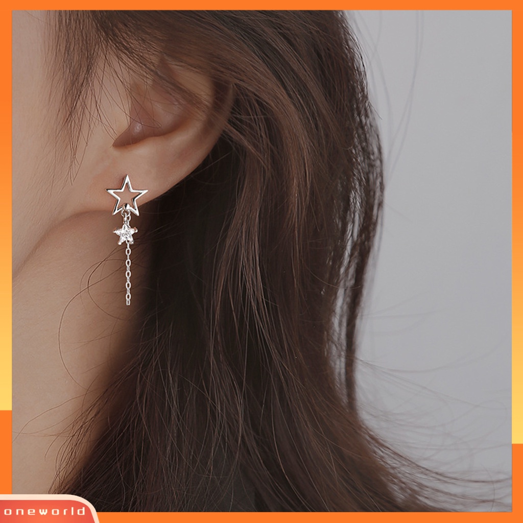 [EONE] 1pasang Ear Studs Hollow Bintang Rantai Rumbai Tidak Teratur Warna Emas/Perak Cubic Zirconia Tertanam Bintang Drop Anting-Anting Perhiasan Fashion