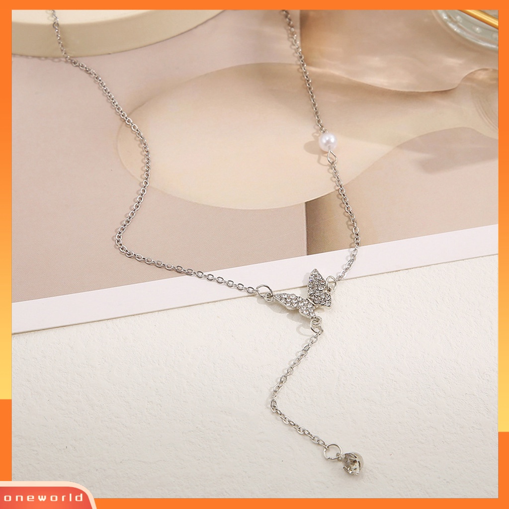 [EONE] Kalung Rumbai High-end Kupu-Kupu Mutiara Imitasi Cahaya Mewah Cubic Zirconia Leher Ornamen Temperamen Shiny Panjang Liontin Klavikula Kalung Perhiasan Aksesori
