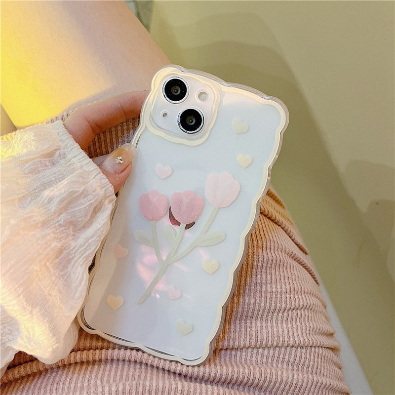 【INS Wave】Pink Tulip Love Soft TPU Case HP iP iPhone 11 12 13 14 Pro Max 7 8 + Plus SE 2020 X XS XR Max Girl Woman Clear FTD Casing Apple