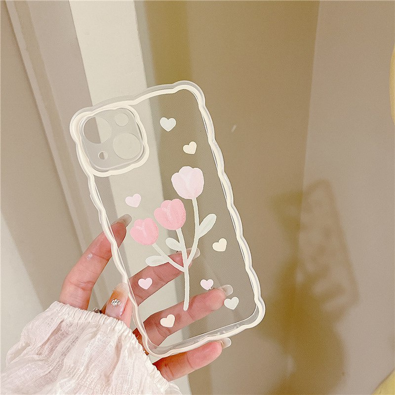 【INS Wave】Pink Tulip Love Soft TPU Case HP iP iPhone 11 12 13 14 Pro Max 7 8 + Plus SE 2020 X XS XR Max Girl Woman Clear FTD Casing Apple