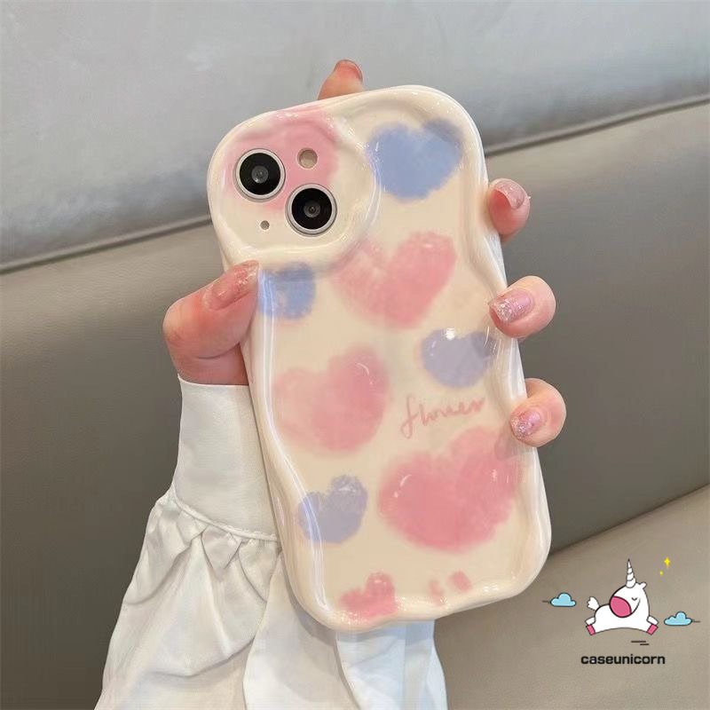 Casing Tepi Lengkung Bergelombang 3D Shockproof Kompatibel Untuk iPhone 7Plus 11 14 12 13 Pro Max XR X7 8 6s 6 Plus XS Max SE 2020 8Plus Pink Watercolor Flower Love Heart Soft Glossy Cover