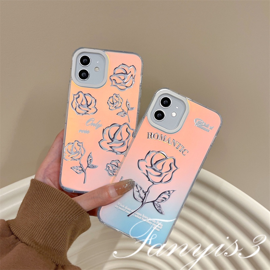 Compatible For IPhone 14 13 12 11 Pro Max X XR Xs Max 8 7 Plus SE 2020 Kompatibel Untuk Simple Sketch Roses IMD Laser Gradient Phone Case TPU Lembut Shockproof Cover Pelindung