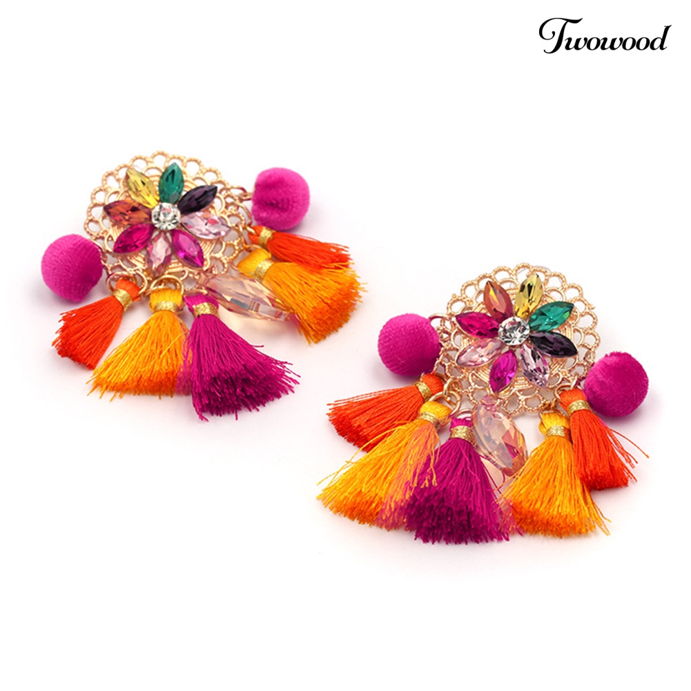 Twowood Boho Wanita Berlian Imitasi Rumbai Pompom Menjuntai Stud Earrings Perhiasan Pernyataan Panjang