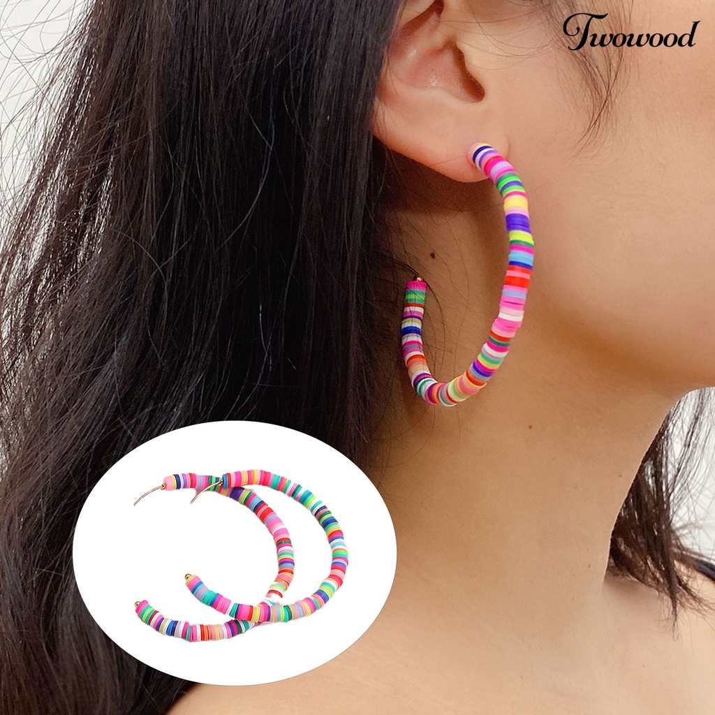 Twowood 1pasang All-match Wanita Warna Pelangi Polymer Clay Bohemian Hoop Stud Earring Untuk Outdoor