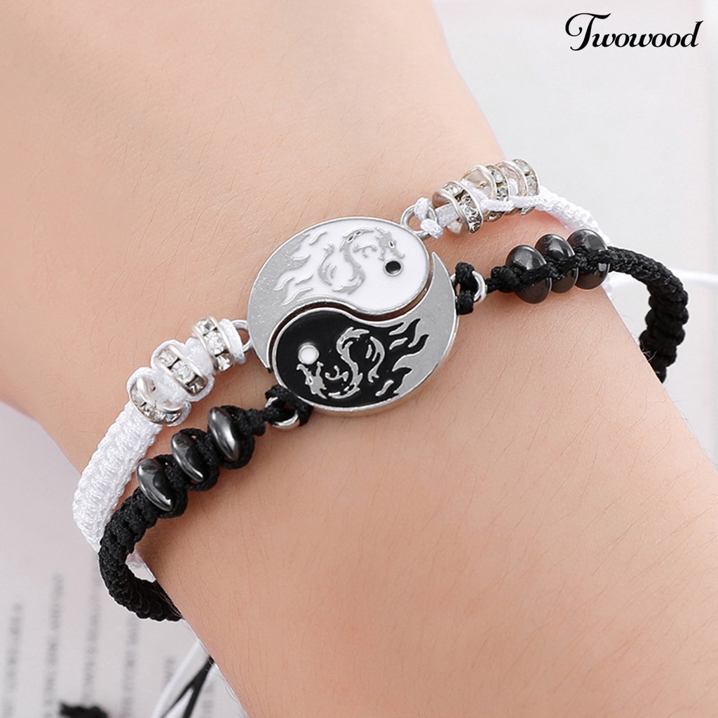 Twowood Adjustable Circle Decor Gaya Etnik Gelang Pasangan Motif Retro Tai Chi Pendant Woven Bracelet Untuk Hari Valentine