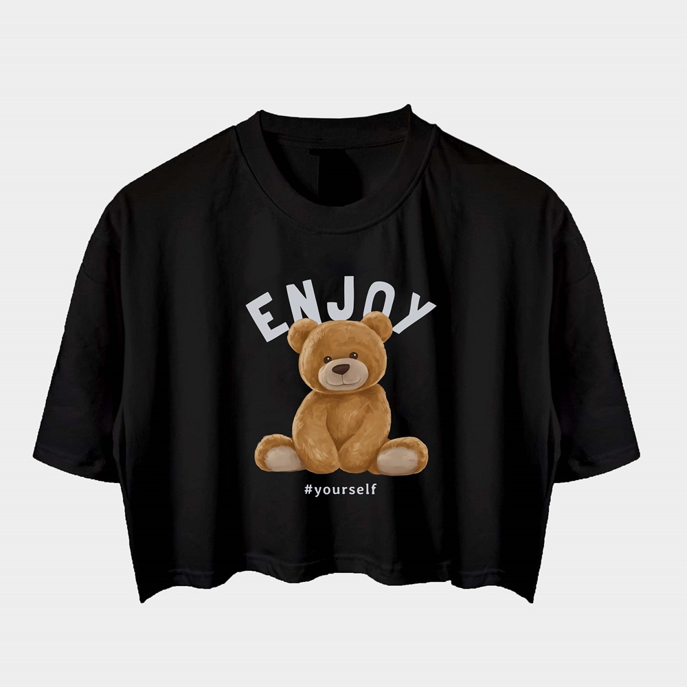 KAOS CROP TOP | KAOS CROP TOP WANITA | CROP TEE KAOS BEAR ENJOY YOURSELF WANITA COTTON COMBED 24s la