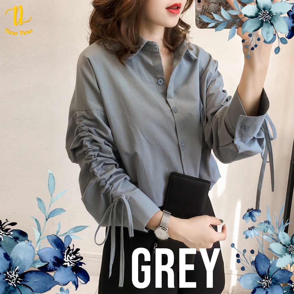 CJWT-03S TINO TINO WOMEN BLOUSE KOREAN TOP LONG SLEEVES DRAWSTRING / KEMEJA WANITA POLOS LENGAN PANJANG SERUT KASUAL