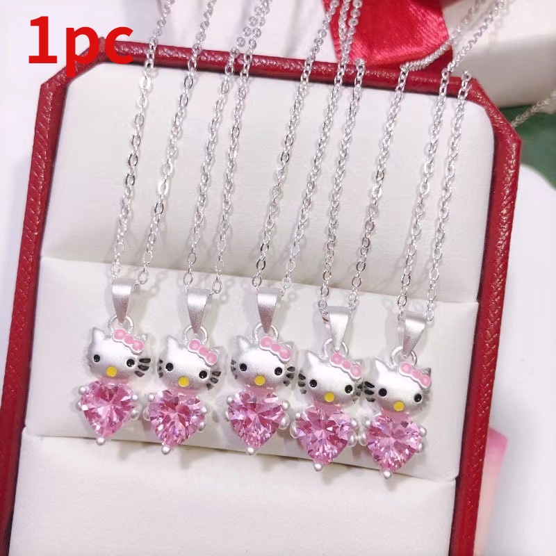 Kalung Geometris Kartun Kristal Alloy Hati Kucing Untuk Anak Perempuan