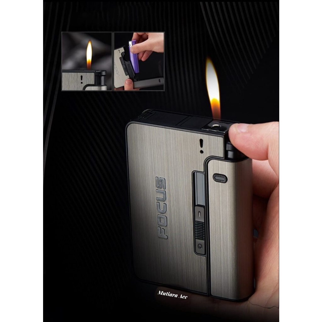 Kotak Tempat Rokok Focus 001 Metal Case With Lighter Korek Api Slot