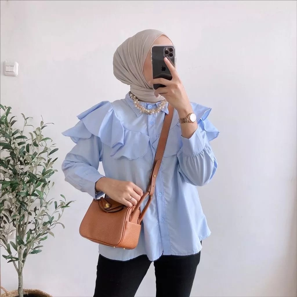 BEFAST - ZEC BLOUSE ANI / Rania Ruffle Blouse / Blouse Polos Formal Wanita Casual / Outfit Daily Wanita Hijab Style / Fashion Kekinian Remaja ABG Trendy / Blouse Lengan Panjang Wanita Kerja