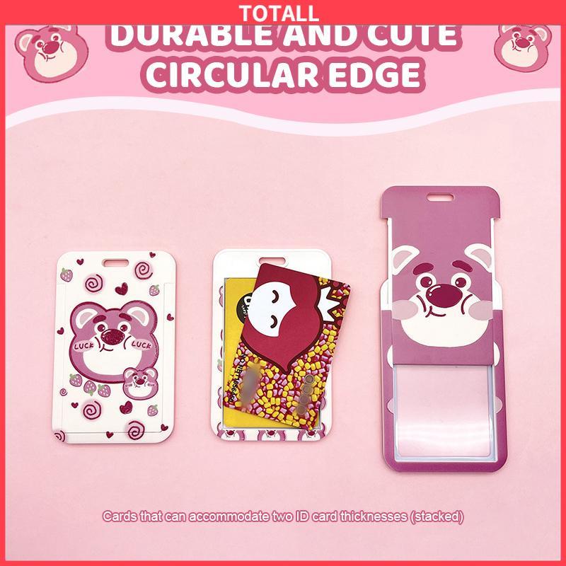 COD Strawberry Bear Slid Cover Plastik Kartun Set Kartu Mahasiswa Kampus Kartu Tali Panjang Pelindung-Totall