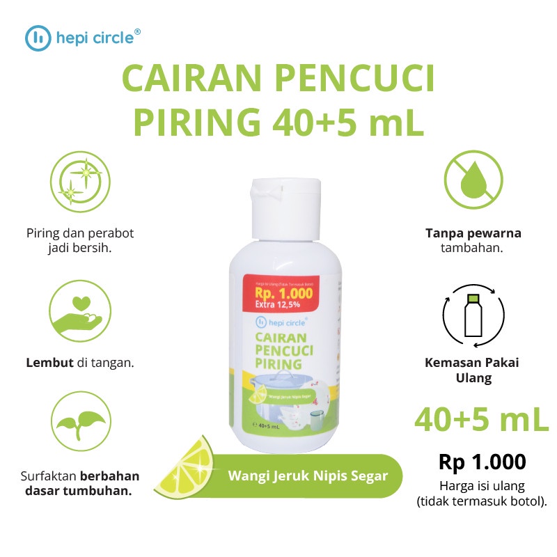 Hepi Circle Cairan Pencuci Piring Wangi Jeruk Nipis 40+5 mL - Kemasan + Isi