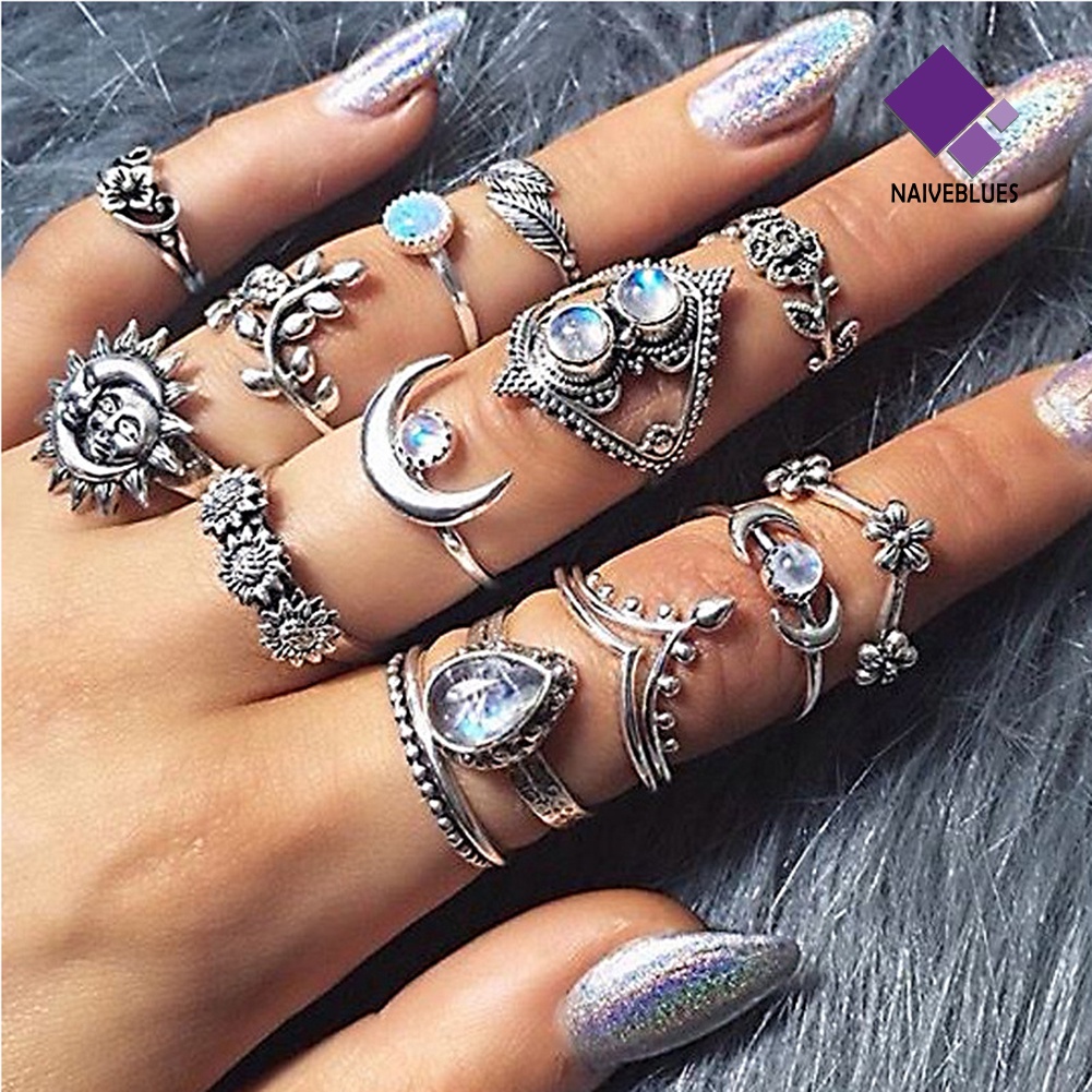 &lt; Naiveblues &gt; 14Pcs Vintage Bunga Matahari Bulan Jari Midi Knuckle Rings Set Perhiasan Pesta