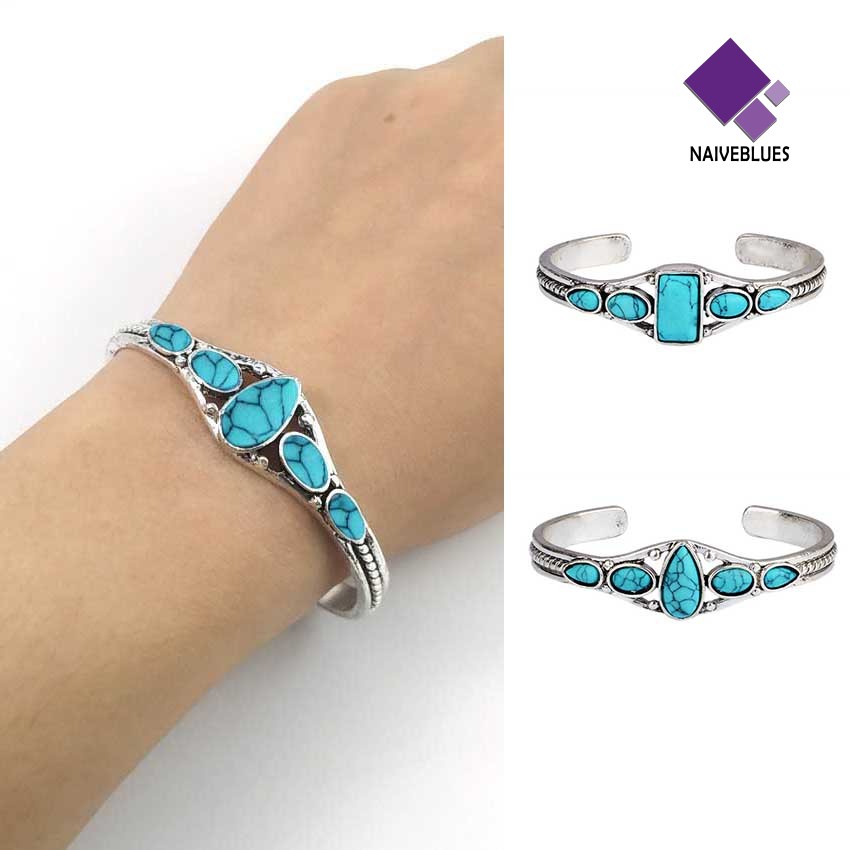 &lt; Naiveblues &gt; Pembukaan Ukir Berongga Keluar Cuff Gelang Vintage Turquoises Wanita Aksesoris Fashion