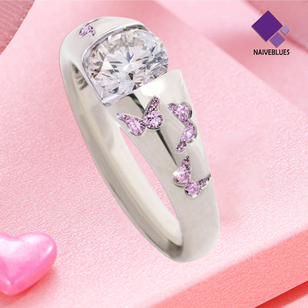 &lt; Naiveblues &gt; Cincin Aksesoris Perhiasan Motif Kupu-Kupu Bahan Alloy Cubic Zirconia Finger Untuk Wanita