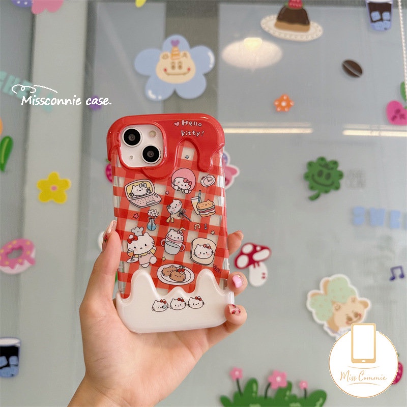 Ins Ice Cream Phone Case Kompatibel Untuk IPhone 7Plus 8Plus 11 14 12 13 Pro Max XR X7 8 Plus XS Max SE 2020 Kartun Indah Kisi Hello Kitty Kucing Shockproof Lembut Tpu Penutup Belakang