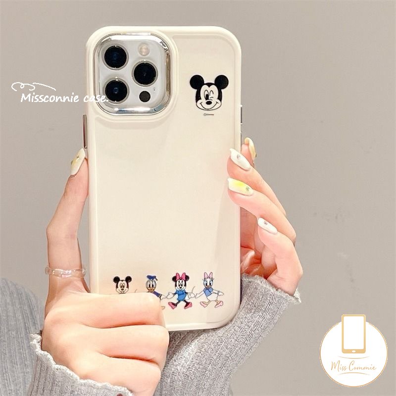 Caroon Disney Mickey Minnie Mouse Case Kompatibel Untuk IPhone 11 12 14 13 Pro MAX 7plus X XR 7 8 Plus XS MAX 8plus Cute Winnie The Pooh Bear Plating Metal Frame Lensa Soft Cover