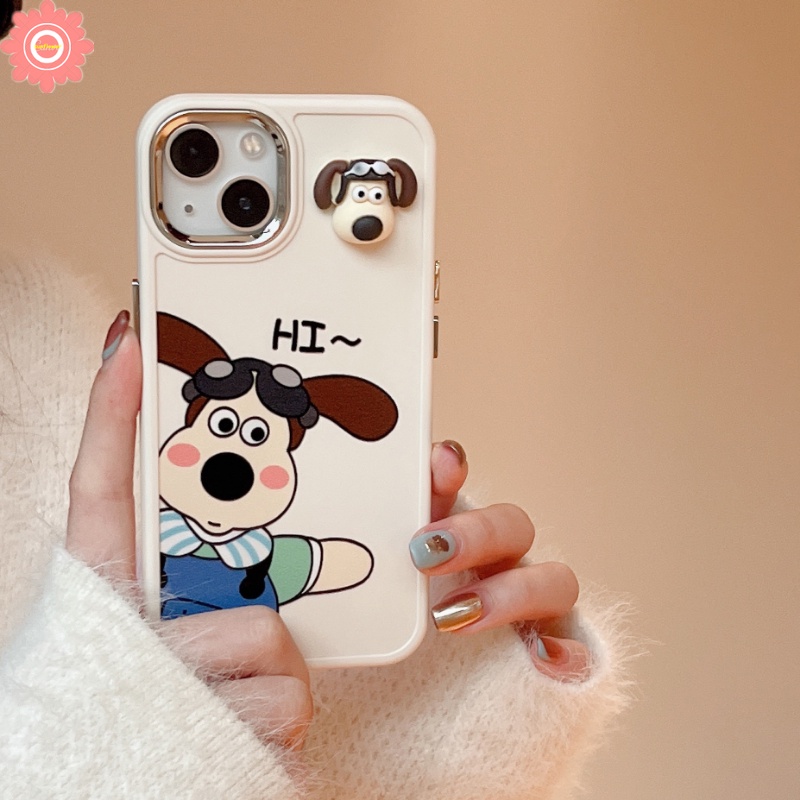 IPHONE 3d Mainan Anjing Lucu Plating Metal Frame Case Kompatibel Untuk Iphone7 8 Plus XR 11 12 14 13 Pro MAX 7plus X 8plus XS MAX Kartun Wallace Dan Gromit Electroplate Soft Cover