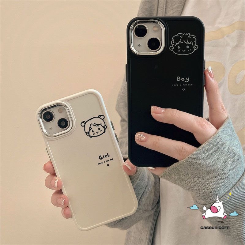 IPHONE Kartun Pasangan Case Kompatibel Untuk Iphone11 13 14 12 Pro Max7 8 Plus X XR XS MAX 7plus 8plus Pasangan Lucu Cowok Cewek Mewah Plating Bingkai Lensa Logam Lembut Penutup Belakang