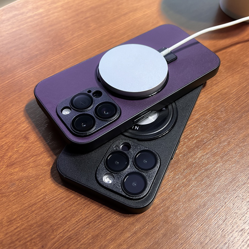 Casing Ponsel Stand Metal Magnetik Cocok Untuk iPhone 11 12 13 14 Pro max Lubang Presisi Magsafe Perlindungan Lensa Pengisian Nirkabel Frosted Warna Polos Casing Ponsel case Telepon Lapis Baja