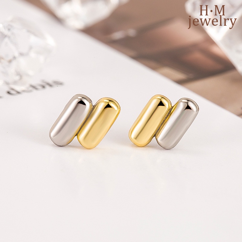 S925 Perak Duawarna Bean Stud Earrings Cahaya Mewah Sederhana Bermutu Tinggi Warna Yang Sesuai Dengan Anting-Anting