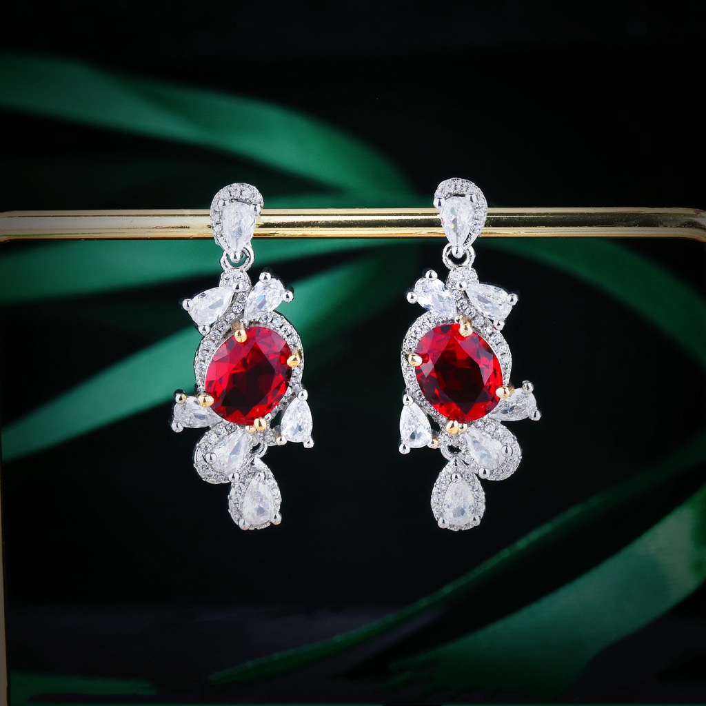 Goldkingdom Aksesoris Perhiasan Fashion Ready Stock Dove Blood Red Permata Sterling Silver Full Diamond Drop-shaped Red Diamond Earrings Female