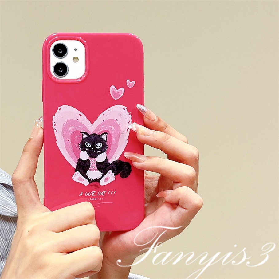 Compatible For iPhone 14 13 12 11 Pro Max X XR Xs Max 8 7 6 6s Plus SE 2020 Kompatibel Untuk Black Cat Heart Pink Permukaan Glossy Phone Case TPU Silikon Lembut Cover Pelindung