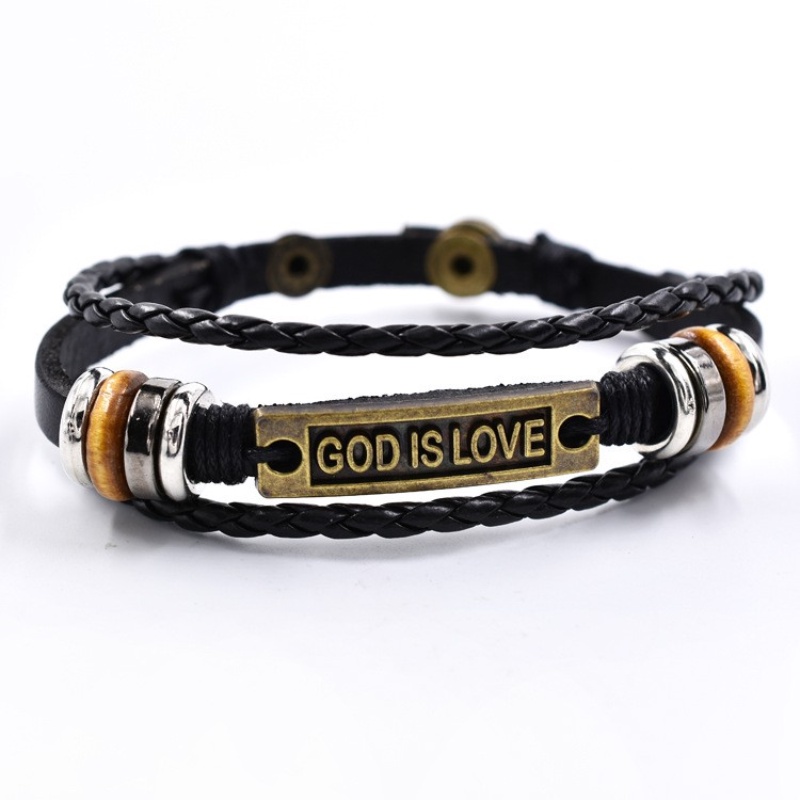 Z H Perhiasan Vintage Sederhana Rock God is Love Surat Gelang Kulit Pria Dan Wanita Fashion Stainless Steel Cinta Pasangan PU Gelang Punk Pesta Perhiasan Aksesoris