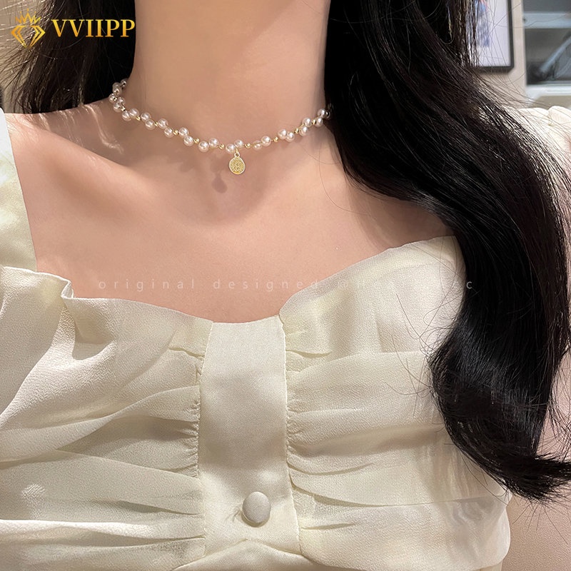 Kalung Emas Untuk Wanita Potret Koin Liontin Kalung Manik-Manik Mutiara Memutar Choker Perhiasan Aksesoris