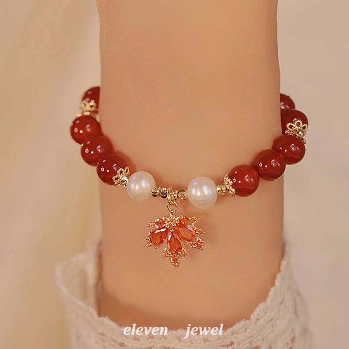 Versi Korea Imitasi Batu Akik Merah Maple Daun Gelang Perempuan ins Niche Desain Retro Gelang Gaya Baru Gadis Hadiah Perhiasan