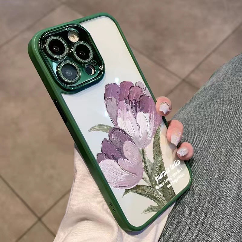 IPHONE 4warna Glitter Berkilau Pelindung Lensa Kamera Lukisan Minyak Tulip Transparan Phone Case Back Cover Untuk Iphone11 12 13 14 PLUS PRO MAX