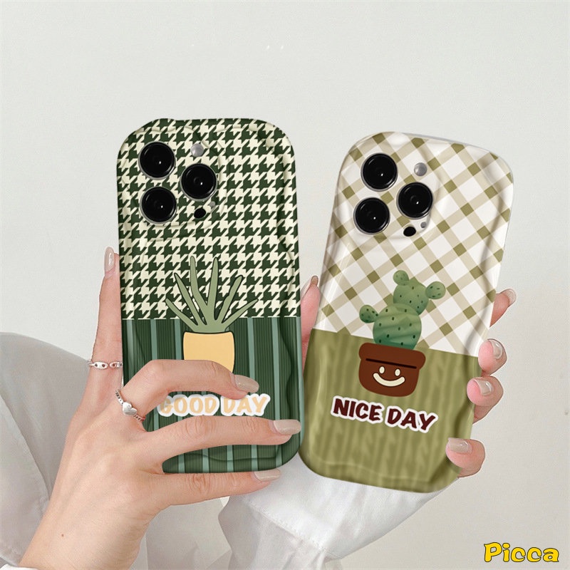 IPHONE Casing Tepi Melengkung Bergelombang 3D Kompatibel Untuk Iphone11 14 13 12 Pro Max XR 6.6s 7-8 Plus X XS Max SE 2020Fresh Pot Tanaman Kaktus Kisi Pola Casing Tpu Lembut Penutup Belakang