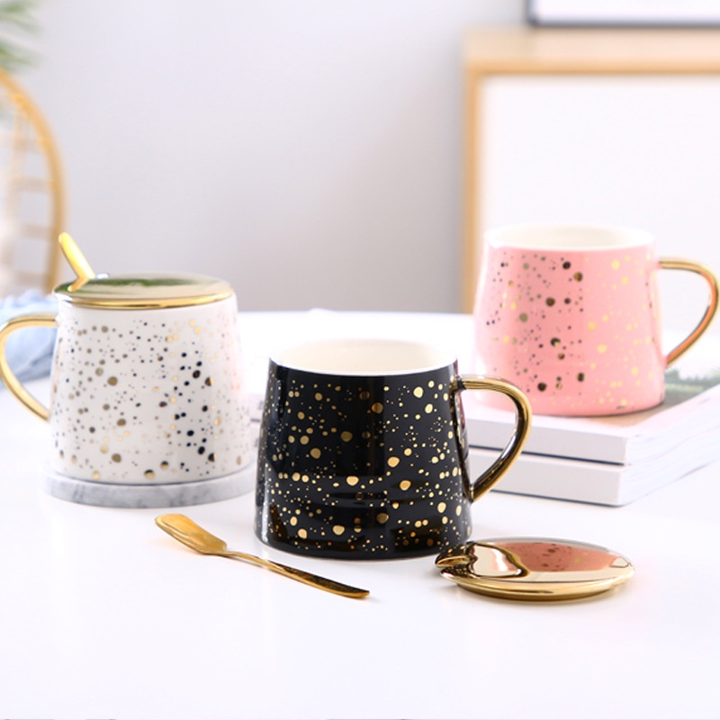 Gelas Minum Set Keramik Motif Bintang Dengan Tutup Dan Sendok Gold/ Ceramic Mug Set With Cup Lid Gol