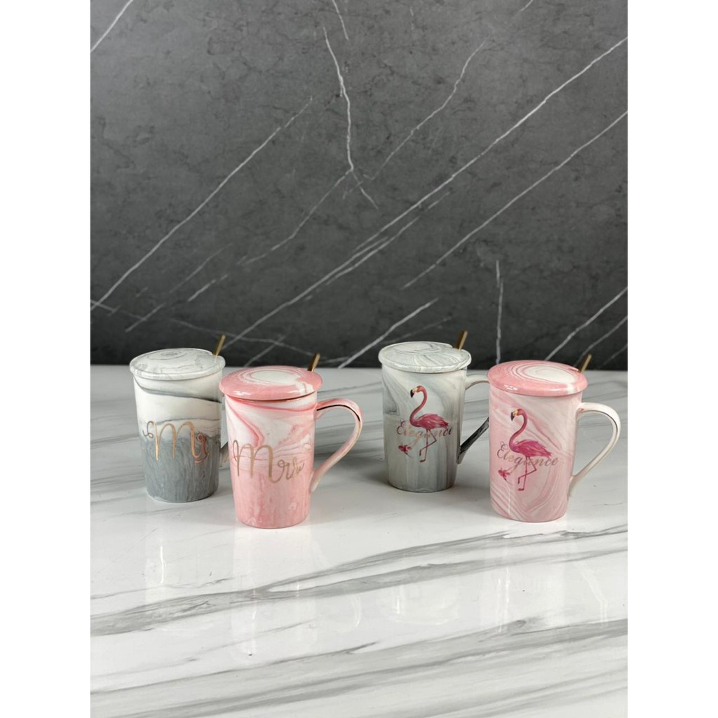 GELAS KERAMIK MARBLE COUPLE FLAMINGO LENGKAP DENGAN TUTUP DAN SENDOK/ GELAS COUPLE MARBLE UNTUK GIFT