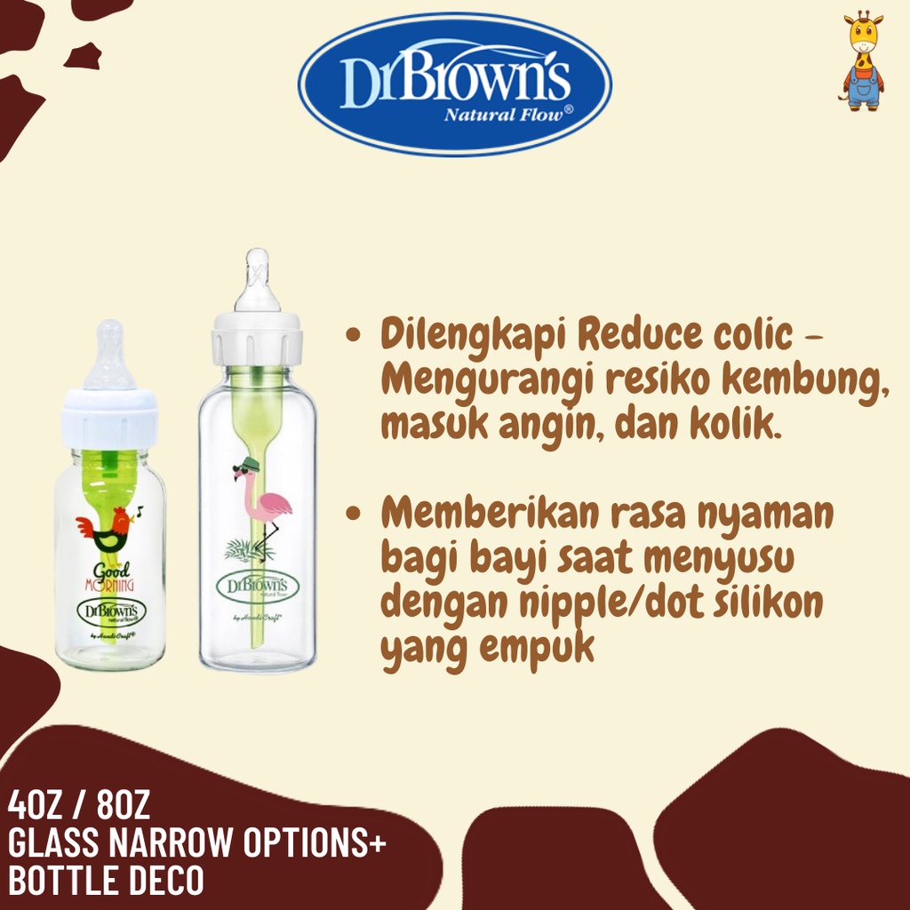 Dr. Brown's 4oz / 8oz Glass Narrow Options+ Bottle Deco / Botol Susu Kaca / Botol Susu Bayi