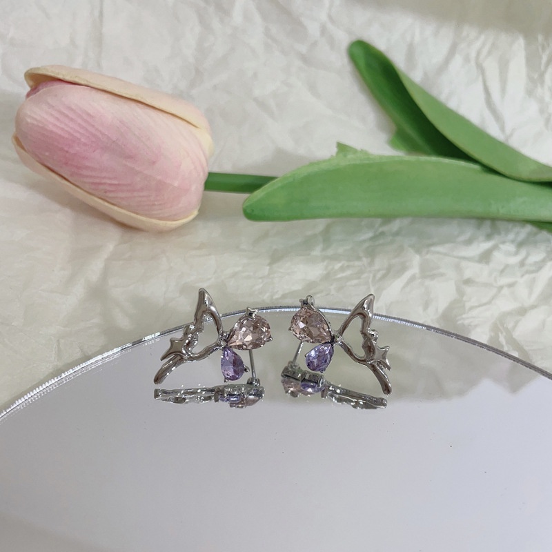 Ahellogirl Warna Zirkon Berongga Kupu-Kupu Sayap Anting Kepribadian Fashion Baru Wanita High-end Earrings
