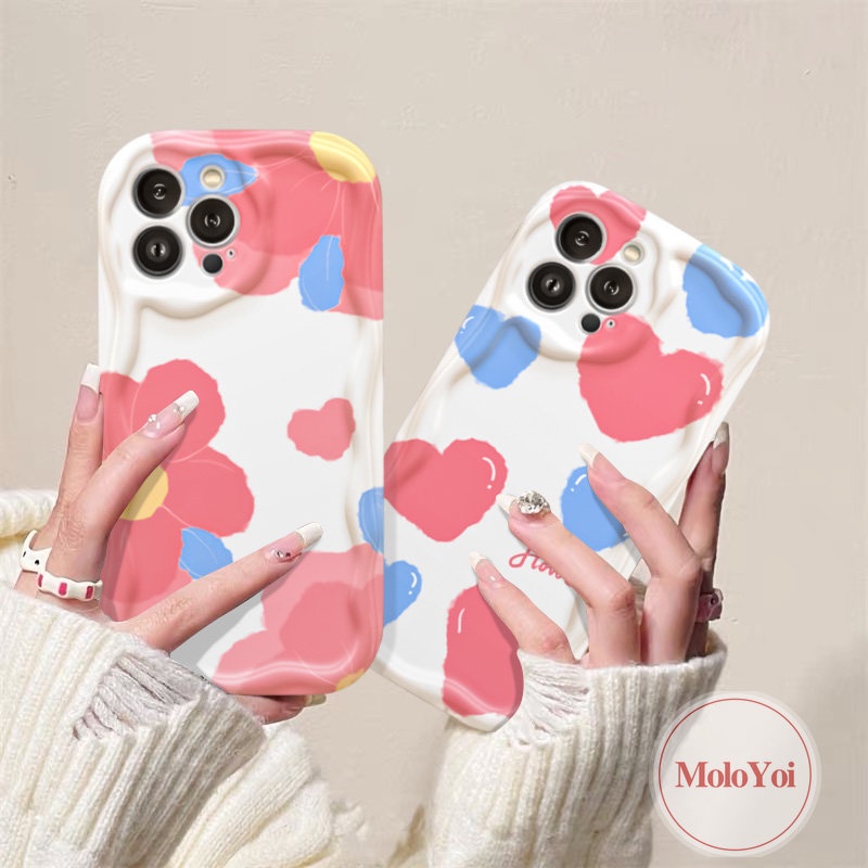 IPHONE Cream Lover Heart Blue Flowers Shockproof Case Kompatibel Untuk Iphone11 12 14 13 Pro Max8 7 6 6s Plus XR XS X Max SE 2020 3D Wavy Curved Edge Soft Tup Cover