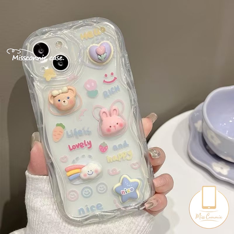 IPHONE Boneka 3D Kelinci Lucu Beruang Fantasi Awan Bintang Glossy Bergelombang Lengkung Tepi Case Cocok Untuk Iphone7 6 6s 8plus11 14 13 12 Pro Max X XR XS Max 7Plus SE 2020 Lembut Segar Bunga Cover