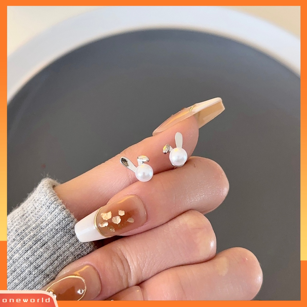 [ONE] 1pasang Cute Rabbit Ear Studs Shiny Faux Pearl Kecil Alloy Wanita Remaja Perempuan Stud Earrings Fashion Perhiasan Hadiah